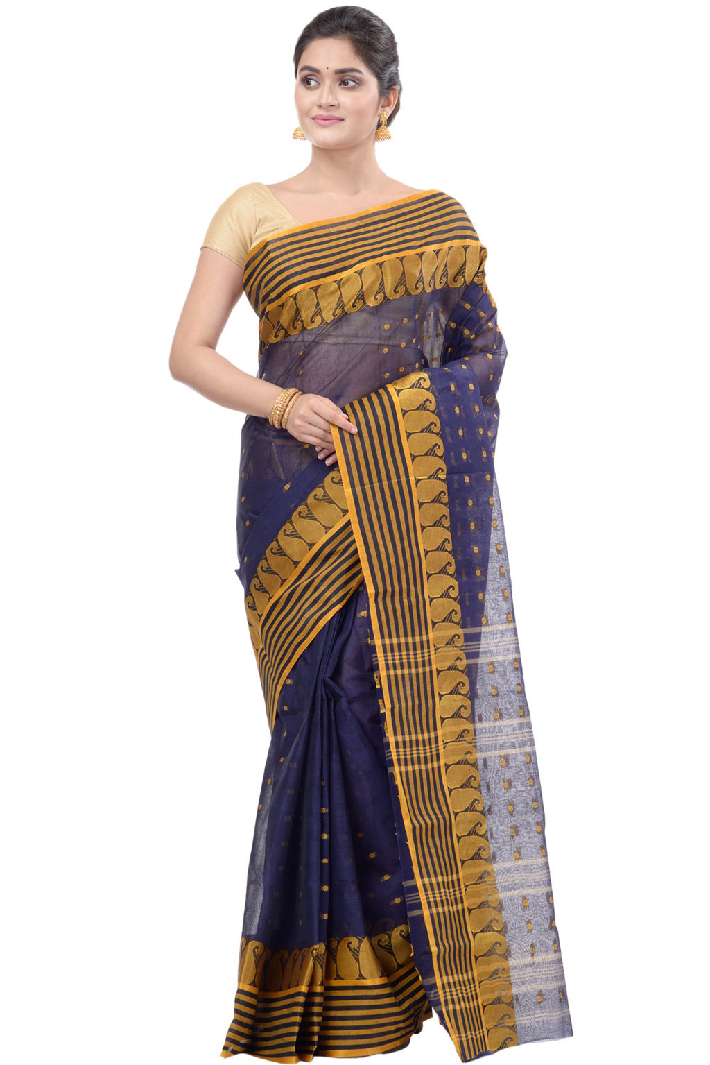 Blue Pure Cotton Moti_Buti Tant Saree (748)